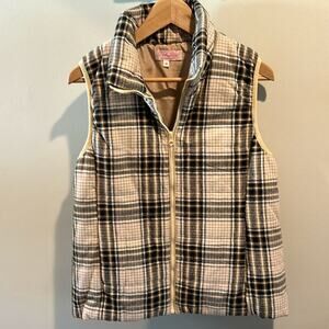 Pink Lily Medium Neutral Plaid Puffer Vest NWOT